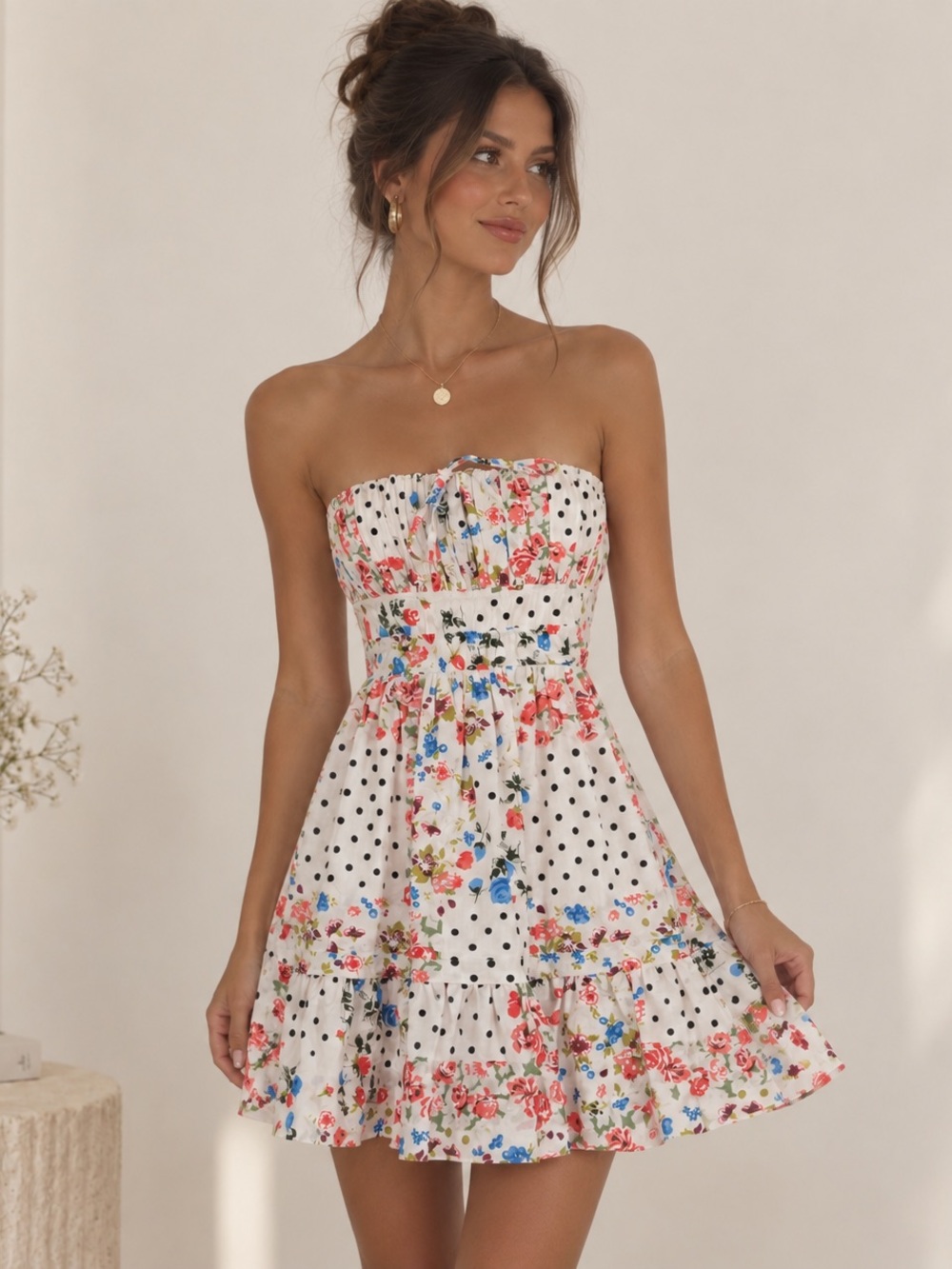 Anthropology Somerset Strapless Mini Dress with floral design and polka dots